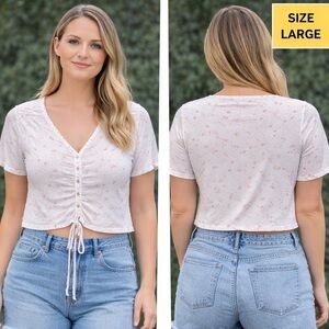 Ultra flirt Ruched Tie-Front V-Neck Crop Top - Light Pink Floral LARGE